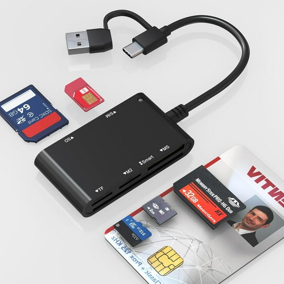 USB C/A SIM Card Adapter Smart Reader - 7 in 2 CAC Military & MS Duo/SD/TF/M2/ID/IC/PIV/SIM Reader, Memory Stick Duo C for Windows, Linux, MacOS