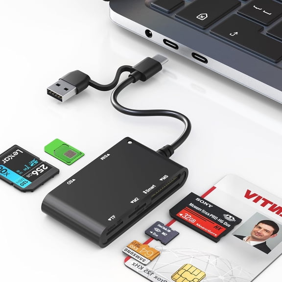 USB C/A Smart Card Reader and Memory Card Adapter 7 in 2 CAC Reader- Military CAC, SIM, SD/TF/MS Pro Duo/M2/IC/PIV Card Reader for Windows/Mac/Linux, Plug and Play