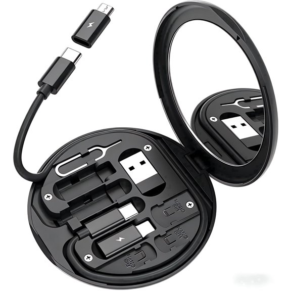 USB C Adapter Cable Kit, Multi Charging Cable Case Convertor USB C to iOS Device/Type C/Micro/USB A Adapter, Data Transfer Contains Card Slot for Traveling, Use as Phone Holder (Black )