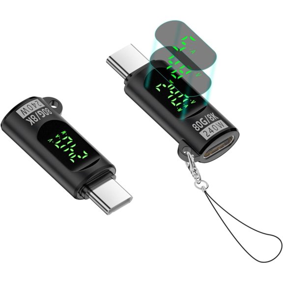 USB C Adapter with Digital Display, PD 240W USB-C Male to Female Connector for 15 Series, iPad, MacBook, Support , Current and Power LED Display Grey 1-Pack