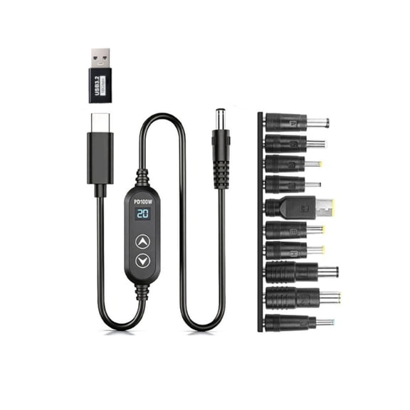 USB C Adjustable Power Cable, 100W PD Voltage Regulator Cable with Digital Display, Multi Connector Tips