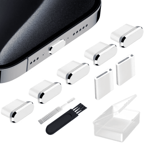 USB C Anti Dust Plugs Compatiable with iPhone 16 15 Pro Max Plus S25 S24 Ultra Pixel Moto, Type C Charging Port Cover 5 Pack Charger Protector Cap with Cleaning Brush Wireless Accessory Silver