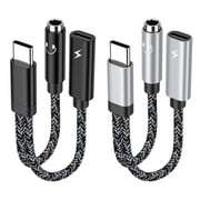USB C to Aux Adapter 2Pack,ABCPOW 2 in 1 USB C to 3.5 mm Headphone Jack Adapter Audio Jack Android Phone Charger Adapter Headphone Adapter Fast Charging Dongle Cord for iPhone 15,Samsung,Black+Silver