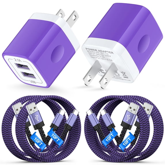 USB C Block, 2 Pack Dual Port Charger Block with 4pcs 10FT Type C Charging Cable, Type C Charger Block Fast Charging USB C Wall Charger Plug Brick Cube Box Power Station Phone Charger Cords, Purple
