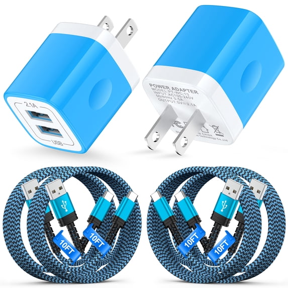 USB C Block, 2 Pack Dual Port Charger Block with 4pcs 10FT Type C Charging Cable, Type C Charger Block Fast Charging USB C Wall Charger Plug Brick Cube Box Power Station Phone Charger Cords, Blue