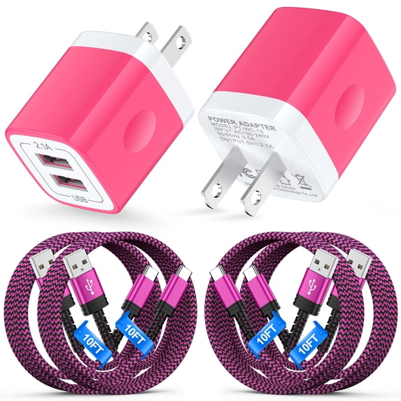 USB C Block, 2 Pack Dual Port Charger Block with 4pcs 10FT Type C Charging Cable, Type C Charger Block Fast Charging USB C Wall Charger Plug Brick Cube Box Power Station Phone Charger Cords, Pink