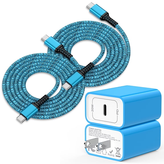 USB C Block, 2 Pack PD 20W Type C Charger Block with 10FT USB C to C Charging Cable,Type C Charger Fast Charging USB C Wall Charger Adapter Plug Type C Brick Cube Compatible for iPhone,Samsung,Blue
