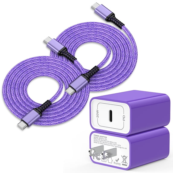USB C Block, 2 Pack PD 20W Type C Charger Block with 10FT USB C to C Charging Cable,Type C Charger Fast Charging USB C Wall Charger Adapter Plug Type C Brick Cube Compatible for iPhone,Samsung,Purple
