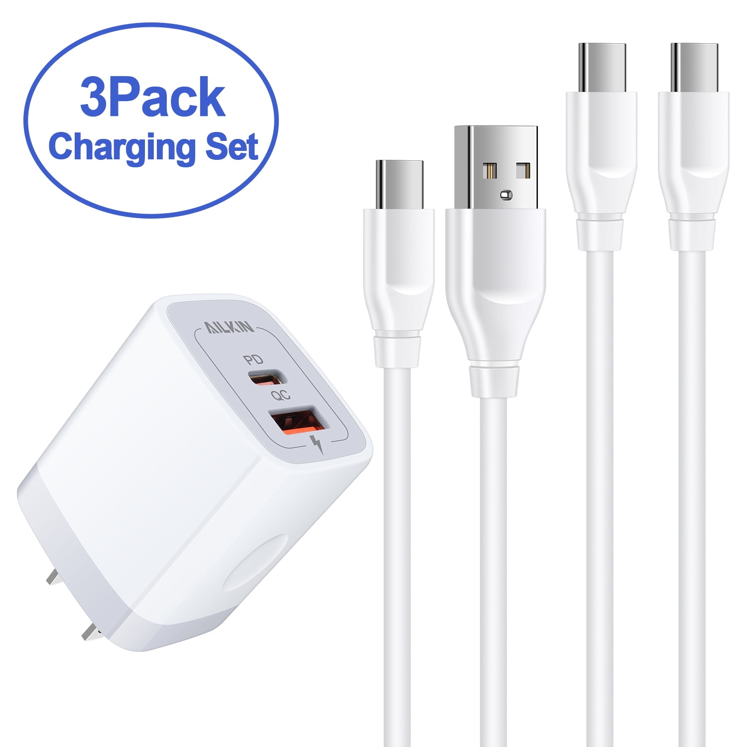 USB C Block+2PACK USB C Cables 6ft,AILKIN 20W PD Type C Charger