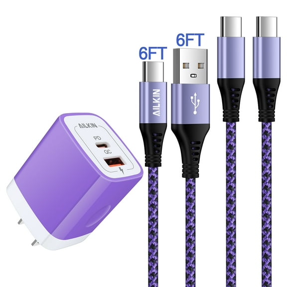 USB C Block+2PACK USB C Cables 6ft,AILKIN 20W PD Type C Charger Block QC3.0 Dual USB Wall Charger Adapter Plug USB C Brick Power Delivery Fast Charge Quick Charging Charger Block,Purple