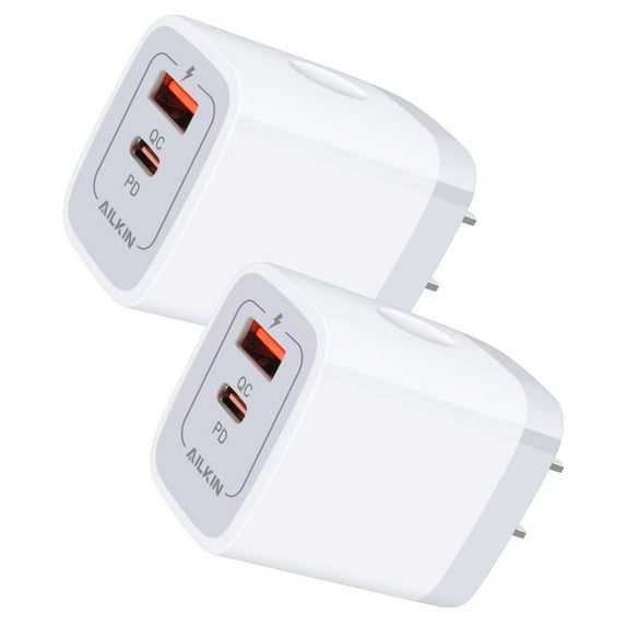 USB C Block,2PCS AILKIN 20W PD Type C Charger Block QC3.0 Dual USB Wall Charger Adapter Plug USB C Brick Power Delivery Fast Charge Quick Charging Charger Block,White
