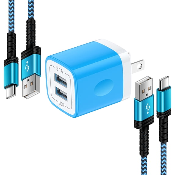 USB C Block, Dual Port Charger Block with 2pcs 10FT Type C Charging Cable, Type C Charger Block Fast Charging USB C Wall Charger Plug Brick Cube Box Power Station Phone Charger Cords, Blue