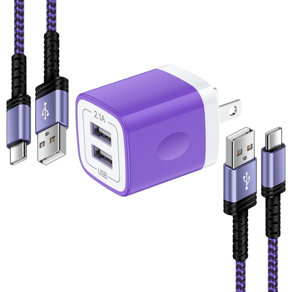 USB C Block, Dual Port Charger Block with 2pcs 10FT Type C Charging Cable, Type C Charger Block Fast Charging USB C Wall Charger Plug Brick Cube Box Power Station Phone Charger Cords, Purple