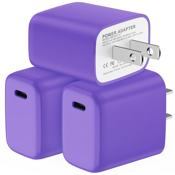 USB C Block, FiveBox 20W PD USB C Charger Block, 3 Pack Type C Charger Fast Charging USB C Wall Charger Plug Power Adapter USB C Brick Cube Box Charging Station Compatible for iPhone, Android, Purple