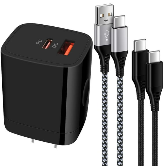 USB C Block,FiveBox 20W PD Type C Charger Block QC3.0 Dual USB C Wall Charger Adapter USB C Brick Fast Charging Block with 2pcs USB C Charging Cable 6ft,Black