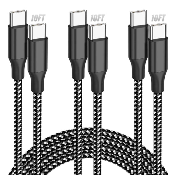 USB C Cable 10ft 3-Pack, 60W Fast Charging Type C to Type C Charger Cord, Durable Braided Nylon Data Sync Cable Compatible with iPhone 17/16/15 Pro Max Plus, iPad Pro Air, MacBook and More