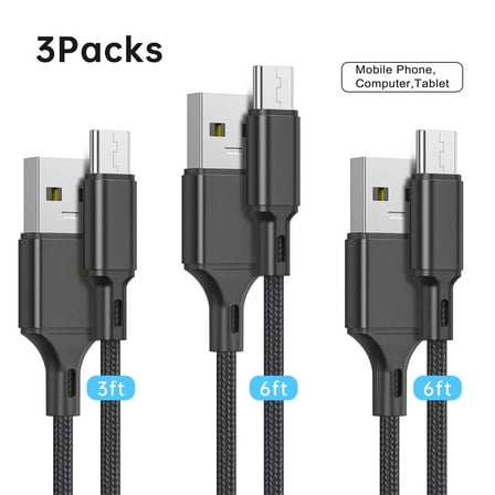 Cshidworld USB C Cable 2.4A Fast Charging Cable, 3Pack 3/6/6 FT , Premium Nylon Fast Charging Cables, Compatible with iPhone 15 Samsung Galaxy Note 10/10+ Plus/9/8, S20 S10 S9 S8 Plus,Black
