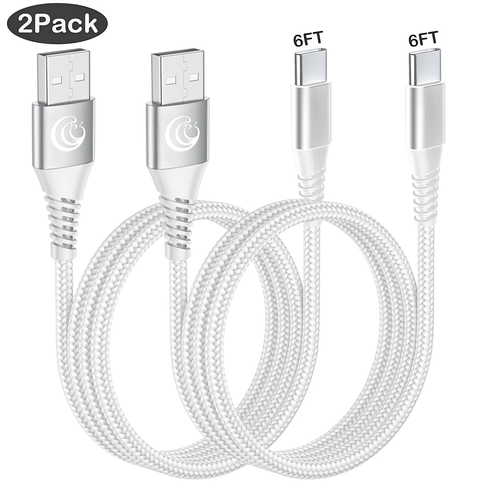 USB C Cable 6FT 2Pack, 3A USB A to Type C Fast Charging Cord Nylon Braided Data Sync USB C Charger Cable for Samsung Galaxy LG, Moto, White