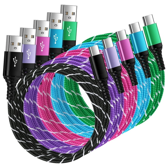 USB C Cable,ABCPOW USB A to USB C Cables 6ft 5pack Android Type C Charging Cords 3A Fast USB C Charger Cables Nylon Braided USB C Charging Cable USB to Type C Cable 6ft(Rose,Black,Purple,Blue,Green)
