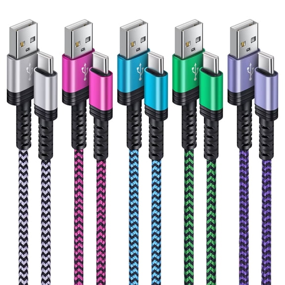 USB C Cable,FiveBox USB A to USB C Cables 6ft 5pack Android Type C Charging Cords 3A Fast USB C Charger Cables Nylon Braided USB C Charging Cable USB to Type C Cable 6ft(Rose,White,Purple,Blue,Green)