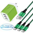 thumbnail image 1 of USB C Cable,USB A to USB C Cables 3pack 6ft FiveBox Nylon Braided 3A Fast Charging Cord Type C Charging Cable with 1pc Three Port USB Wall Charger Block(Green), 1 of 7
