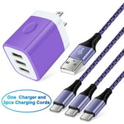 USB C Cable,USB A to USB C Cables 3pack 6ft FiveBox Nylon Braided 3A Fast Charging Cord Type C Charging Cable with 1pc Three Port USB Wall Charger Block(Purple)