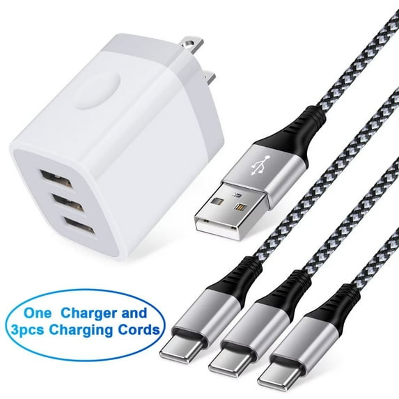 USB C Cable,USB A to USB C Cables 3pack 6ft FiveBox Nylon Braided 3A Fast Charging Cord Type C Charging Cable with 1pc Three Port USB Wall Charger Block(White)