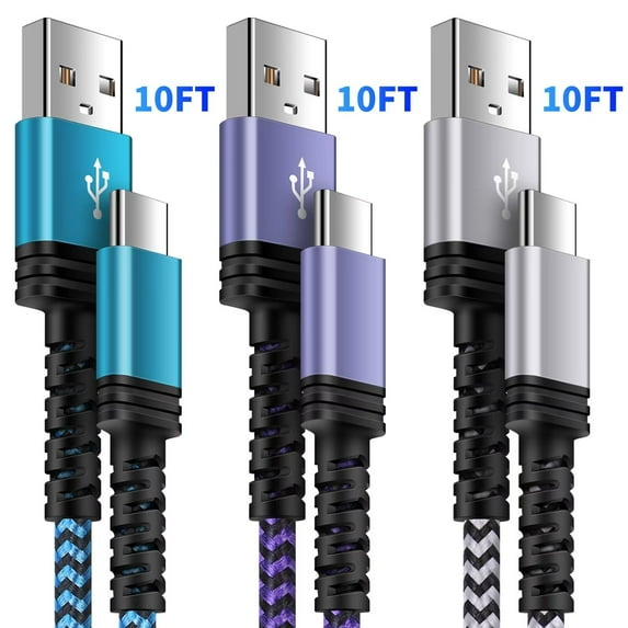 USB C Cable,USB A to USB C Cable 10ft 3 Pack FiveBox Android Fast USB C Charging Cord Type C Chargers Cables for Samsung(White+Blue+Purple)