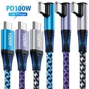 USB C Cable,USB C to USB C Cable 6ft Right Angle 90 Degree 3Pack FiveBox Nylon 100W PD Type C Fast Charging Cord USB C to Type C Charger Cables for Samsung,Blue+Purple+White