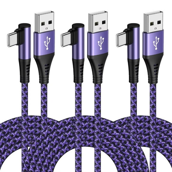 USB C Cable,USB a to USB C Cable 6ft 3Pack FiveBox Nylon Braided Right Angle Fast USB C Charging Cord Type C Charger Cord for Samsung,Black Purple