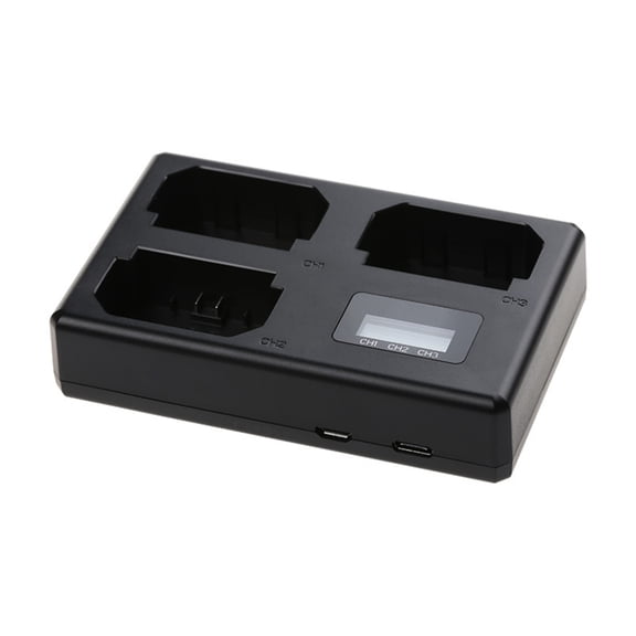 USB C Camera Battery Charging Dock with 3 Bays and LCD Status Screen, Extra USB Input for Desk Use, Travel Carry, and Ge