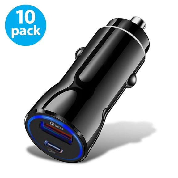 USB C Car Charger, (10-Pack) 30W Fast USB Car Charger PD&QC 3.0 Dual Port Car Adapter Compatible with iPhone 12/12 Pro/Max/12 Mini/iPhone 11/Pro/Max/XR/XS/Max/8, Galaxy S21/20/10/9, Black