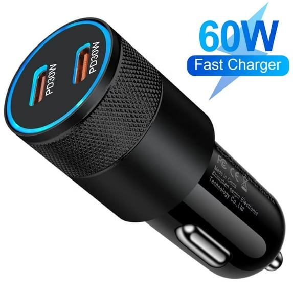 USB C Car Charger,1Pack FiveBox 60W PD&PD Dual Port USB Car Charger Fast Charging Adapter Quick Charge Car Power Block Type C Cigarette Lighter Adapter(Black)