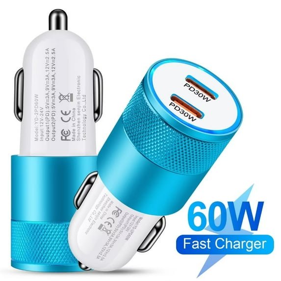 USB C Car Charger,2Pack FiveBox 60W PD&PD Dual Port Fast Charging USB Car Charger Adapter Quick Charge Car Power Block Plug Type C Cigarette Lighter Adapter(Blue)