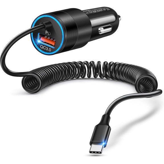 USB C Car Charger, 38W Dual Ports USB-C & USB-A Cigarette Lighter Adapter Fast Charging Phone Plug with Bulit-in 1.2m Coiled Cable for iPhone 16e,16,15, Galaxy S25, S24,Pixel 7