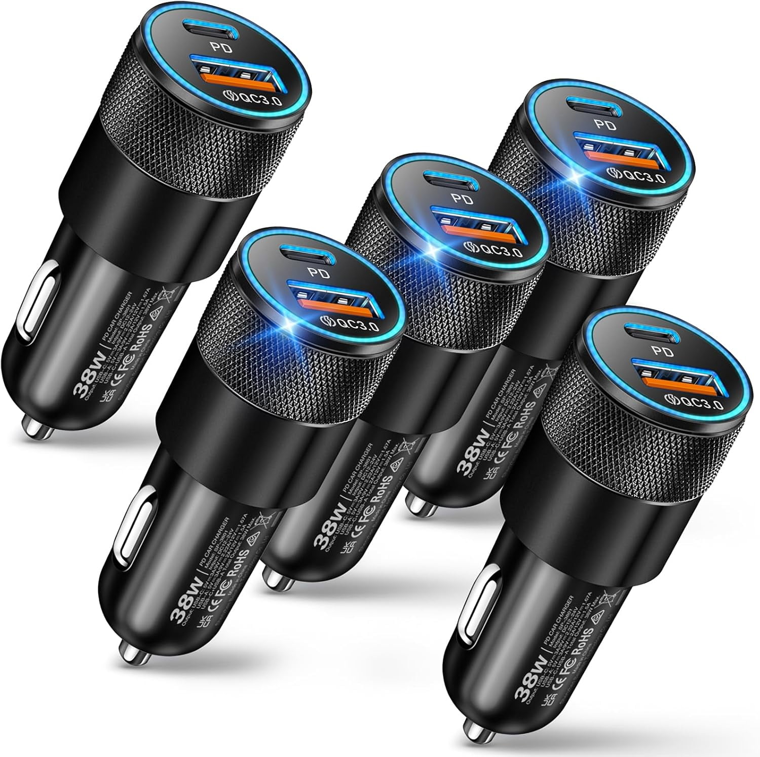 USB C Car Charger, 5 Pack 38W Dual Ports USB-C & USB-A Cigarette ...