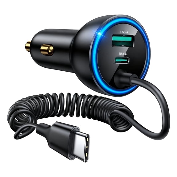 USB C Car Charger, 60W Fast Charging Dual Port PD & QC 3.0 Car Phone Charger Adapter with 5ft Built-in Type C Cable for iPhone, Samsung, Android Phones, Tablets