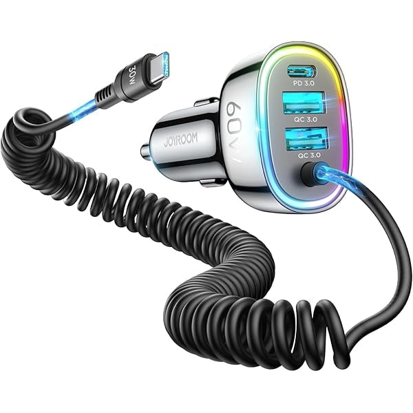 USB-C Car Charger, 60W Super Fast Adapter with 5ft 30W Type-C Coiled Cable, Car Phone Charger for iPhone 16 Pro Max, Samsung Galaxy S24/S23, Google Pixel, iPad Pro