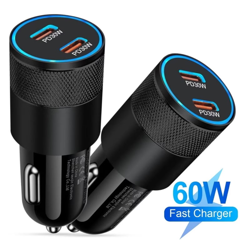 FiveBox 2Pack USB C Car Charger, 60W PD Dual Port Fast Charging, Type C Cigarette  Lighter Adapter for iPhone and Auto