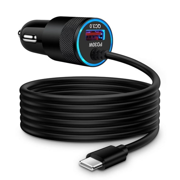 FiveBox 48W USB C Car Charger, Dual Port Cigarette Lighter Adapter with 3.3FT Type C Cable, Black