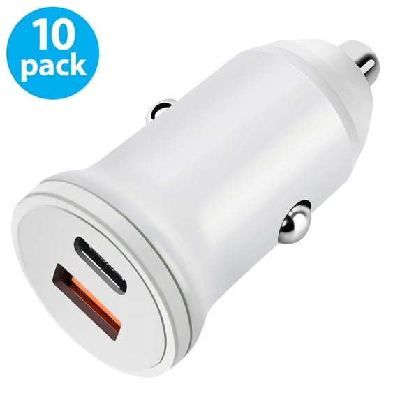 USB C Car Charger, URUS (10-Pack) Mini 30W Dual Port PD3.0 USB Type C Fast Car Charger Adapter for iPhone 12/11 Pro/XR/8 Galaxy S21/S10 Huawei Pixel iPad AirPods, White