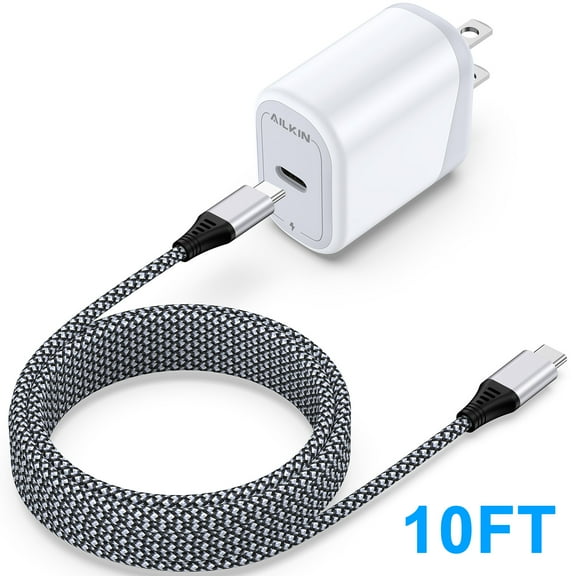 USB C Charger 10ft,AILKIN Usb C to Usb C Cables 10ft PD 20W Power Delivery Type C Charger Fast Charging 10ft Feet USB C Wall Charger Block Adapter Plug,White