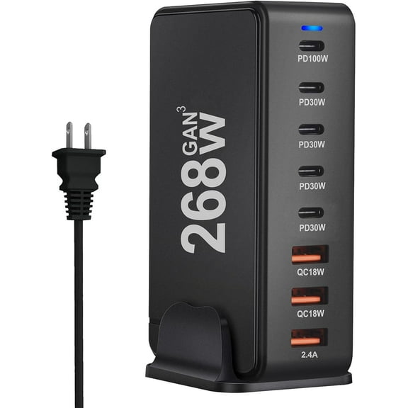 USB C Charger, 268W 8-Port Fast USB C Charging Station with 5 USB-C + 3 USB-A, Portable Multiport USB Charging Block Wall Hub for iPhone 15 14 13 12 iPad Pro MacBook Galaxy Pixel Switch