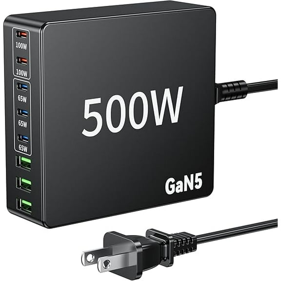 USB C Charger 500W Fast GAN Charger Block 8 Multi Port Charging Station Hub Brick Dual PD 100W Laptop Charger for DELL HP MacBook Pro/Air/All iPad iPhone 16 15/14/13/Pro Max/Samsung Galaxy Note