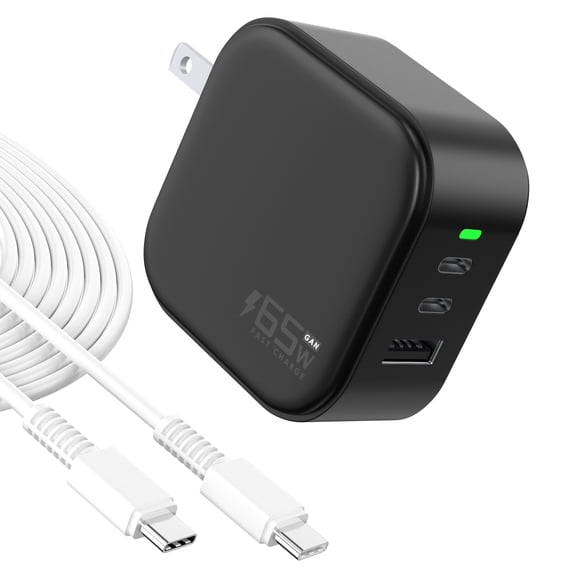 HFLRZZ USB-C Wall Charger, 65W 3-Ports GaN Fast Charging, USB-C Wall Charger for Dell/iPhone Series/Tablet/Dell/Samsung Galaxy Series/Motorola/Laptop etc with 3.28FT Cable-Black