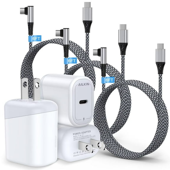 USB C Charger,AILKIN 3PACK Charging Block Type C with 3PACK Type C Cables 6ft 20W PD Type C Charger 6ft USB C Block Plug Fast Android Phone Charger Block with Usb C Charging Cable 6ft,Blackwhite