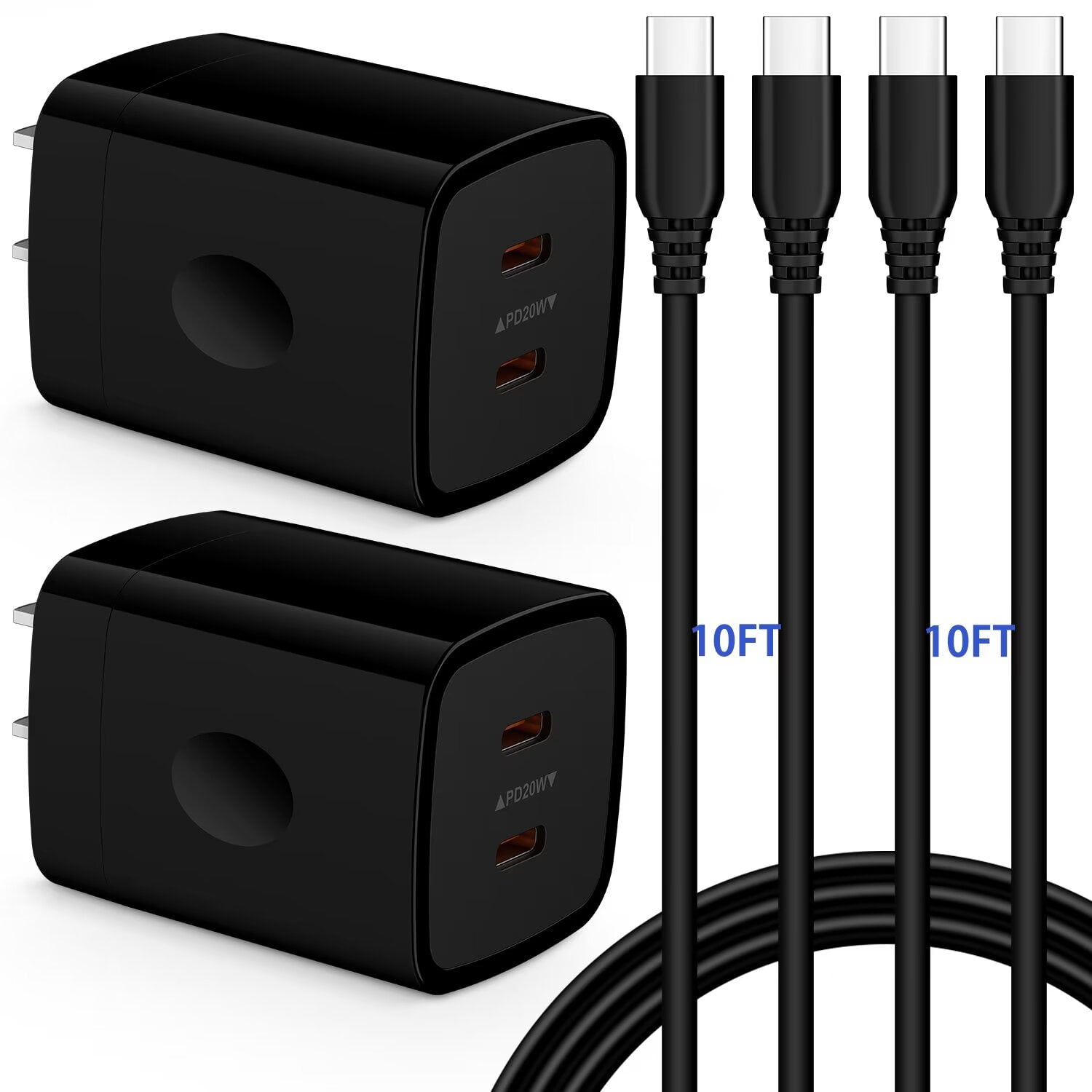 USB C Charger,AILKIN 40W PD 2PACK USB C Charger Block with 2PACK USB C Cables 10ft Type C Charger 10ft USB C Block Plug for Phone 15 Charger Block Usb C,Black