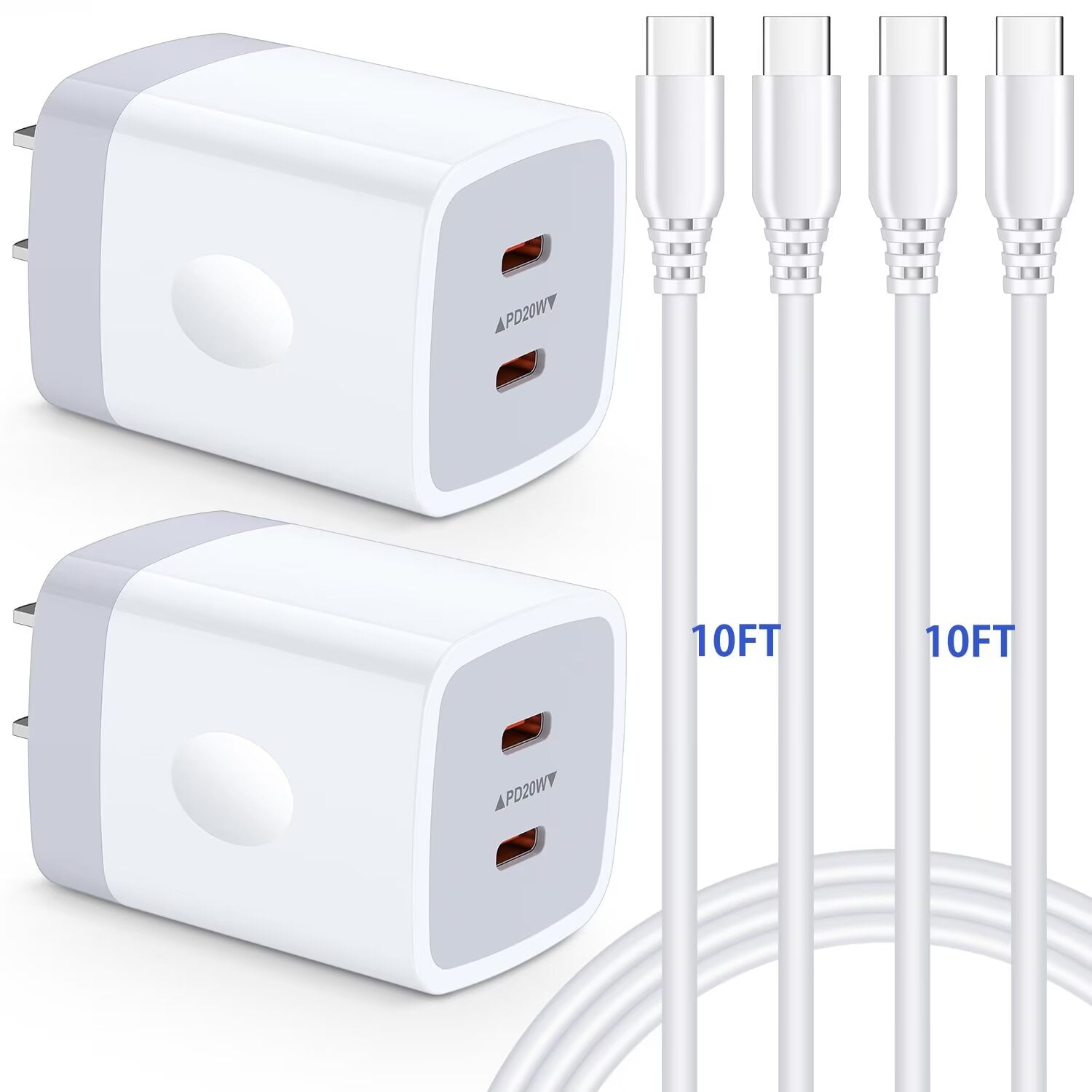 USB C Charger,AILKIN 40W PD 2PACK USB C Charger Block with 2PACK USB C Cables 10ft Type C Charger 10ft USB C Block Plug for Phone 15 Charger Block Usb C,White