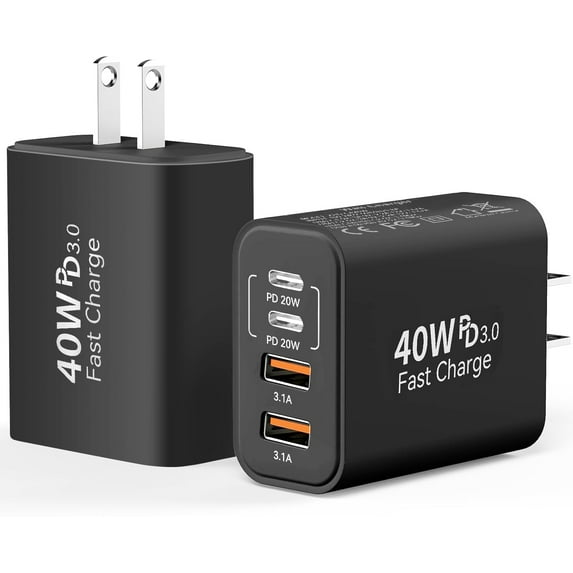 USB C Charger Block, 40W 4 Port PD+QC Wall Charger Block Fast Charging Box for iPhone 16 15 14 13 12 11 Pro Max XR XS 8 7 Samsung, Black (2 Pack)