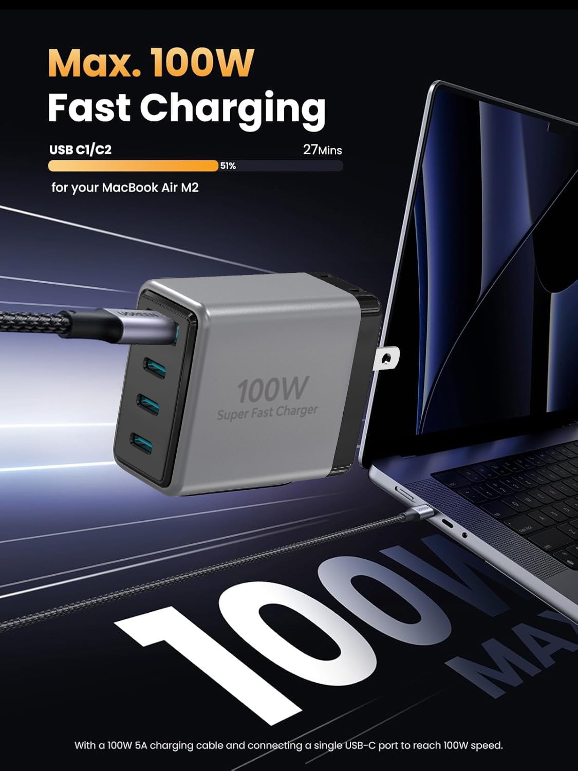 USB C Charger Black 100W, 4 Ports GaN Charger Fast Charging Station Foldable Compact Wall Charging Power Adapter for MacBook Pro/Air, Dell XPS, iPad Pro, iPhone 16/15/14/13/12, Galaxy S24, and More